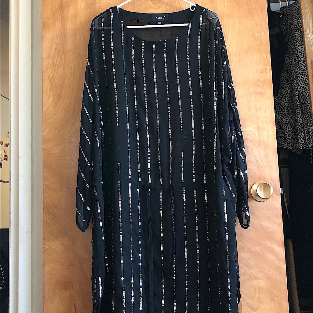 Sheer black & silver sequin drop waist dress